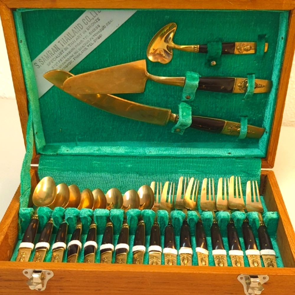 Siam Dinner Flatware Set Thailand Vintage 23 Pieces Bronze W/ Wooden Box